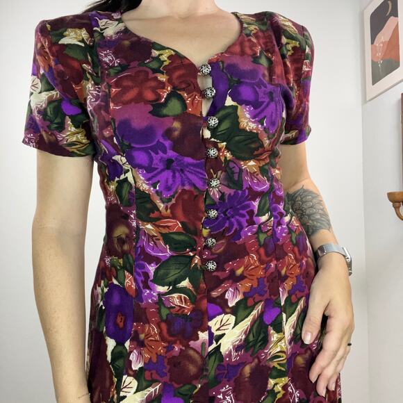 Vintage 90s No Boundaries Dark Floral Button Front Midi Dress Tie Back Dress - Picture 4 of 10